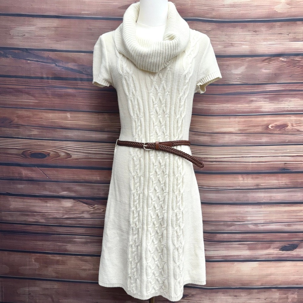 Apt. 9 Cream Cowl Neck Cable Knit Sweater Dress with Leather Belt Small